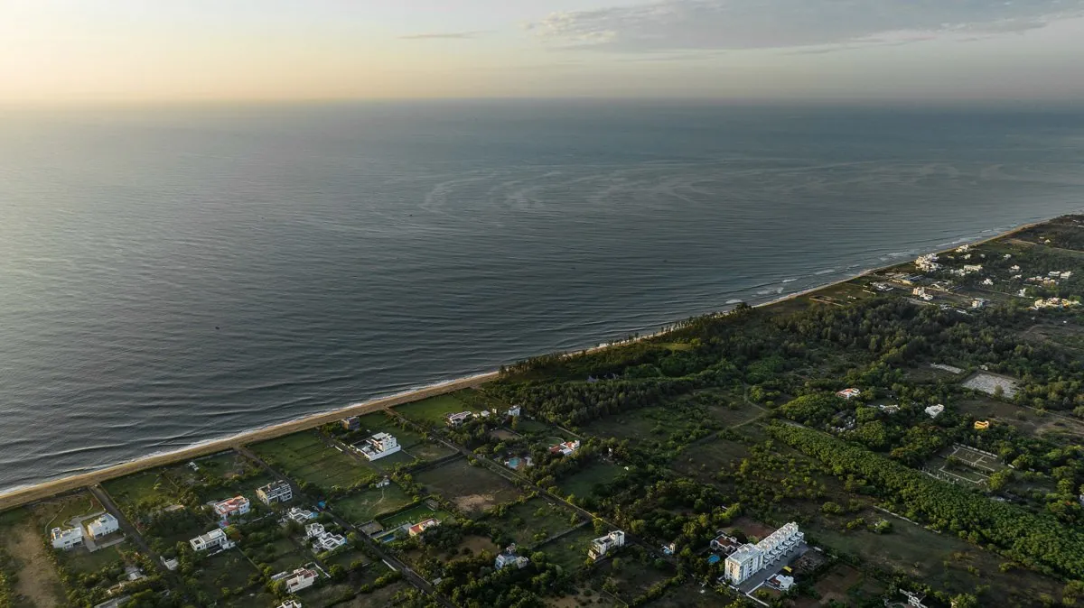 Aerial photograph of a coastline at dusk