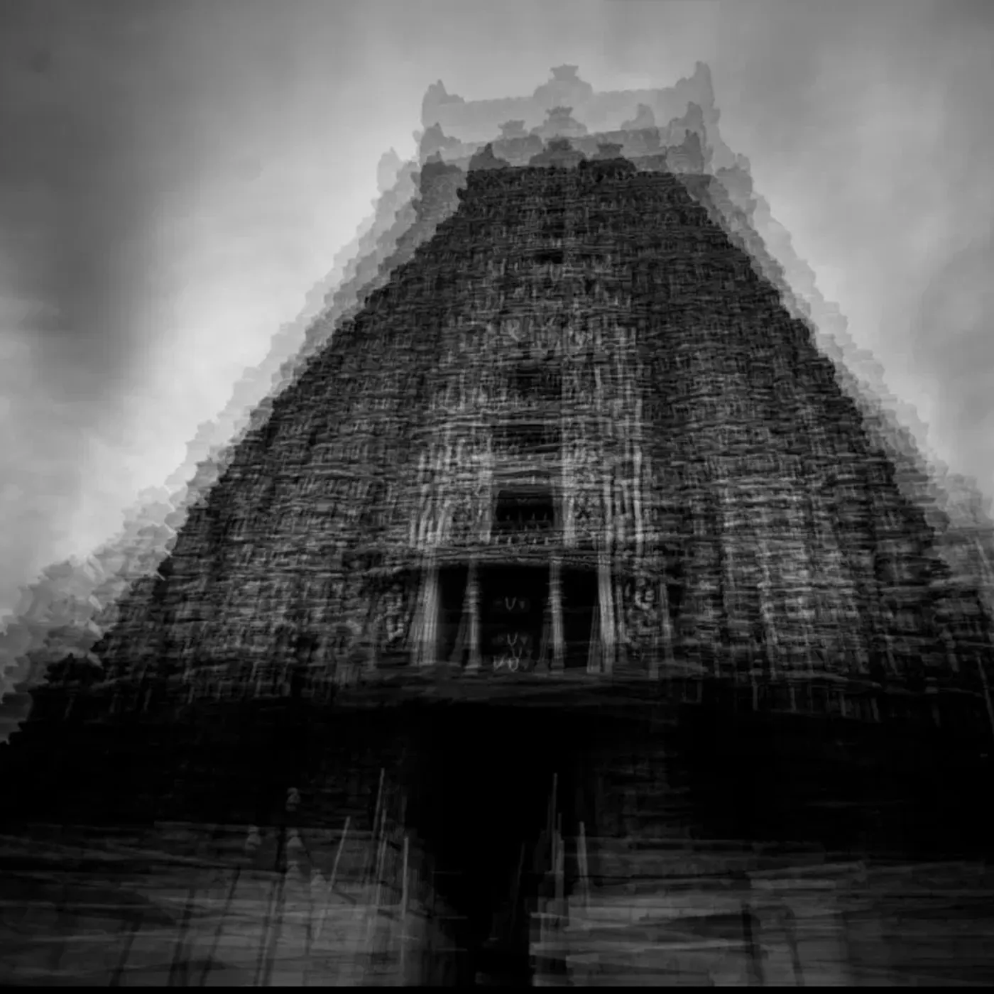 Black and white multiple exposure of a South Indian temple gopuram